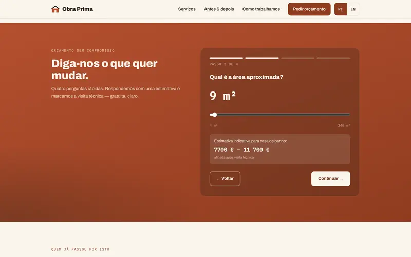 A área, com uma estimativa indicativa em euros.