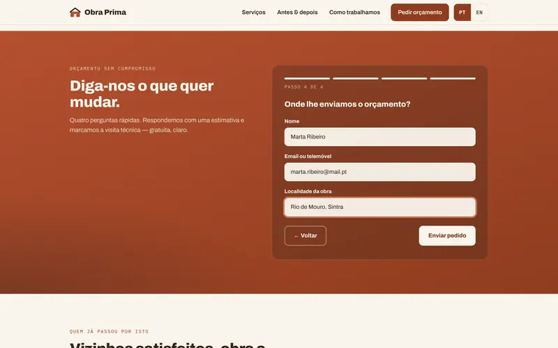 Por fim, o nome, o contacto e a localidade da obra.