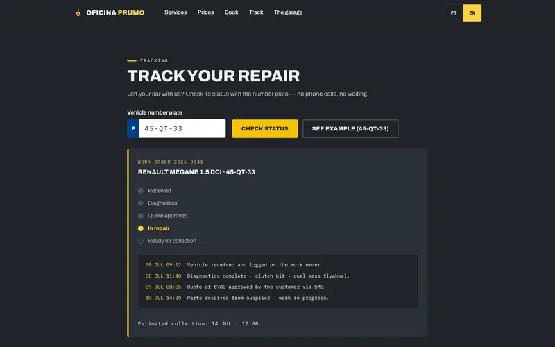 Repair status: stages, log and collection estimate.