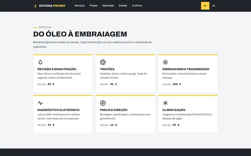 Seis serviços, cada um com o preço de partida.