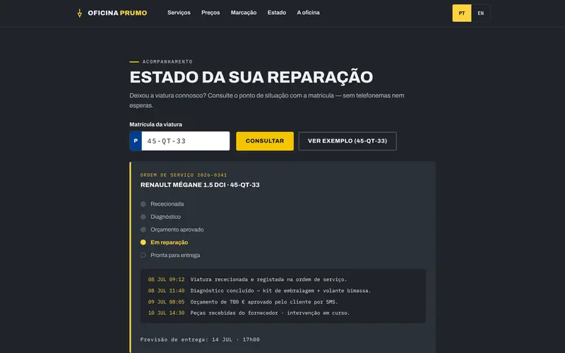 O estado da reparação: etapas, registo e previsão de entrega.