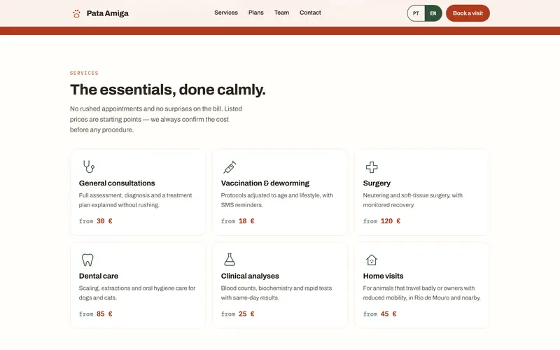 Six services, with a description and starting price.