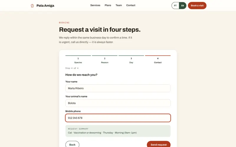 Step 4: owner, pet’s name and mobile, with a summary.
