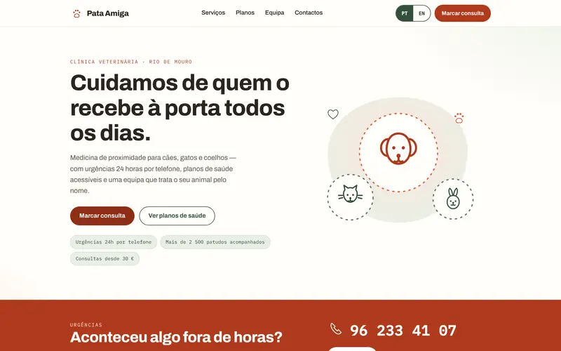 Página inicial: a clínica, a marcação e os planos.