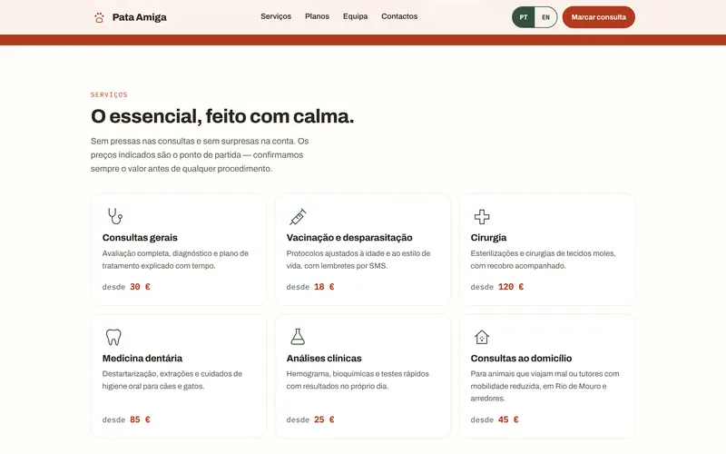 Seis serviços, com descrição e preço de partida.
