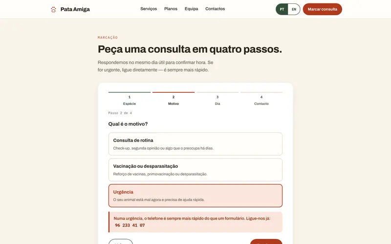 Se for urgente, o formulário manda ligar e mostra o número.