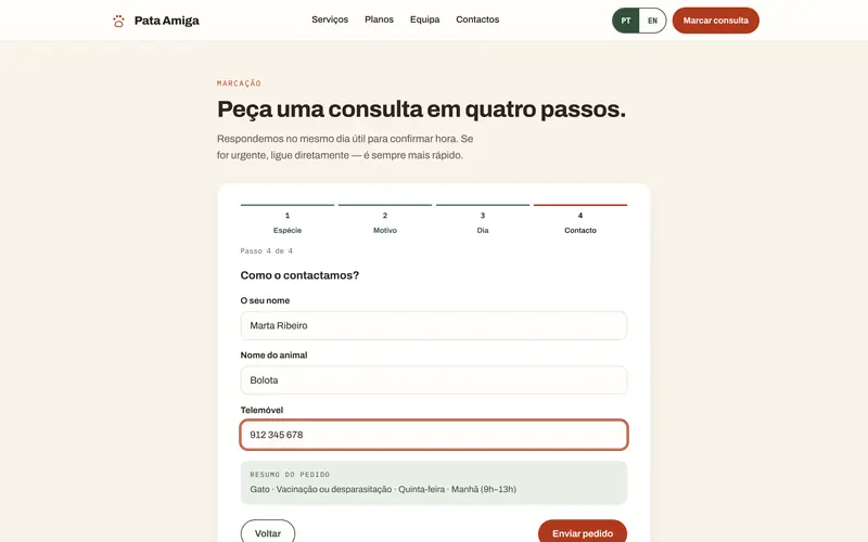 Passo 4: tutor, nome do animal e telemóvel, com o resumo.