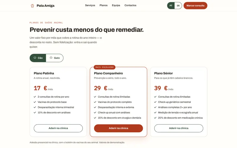 Três planos mensais, com o que cada um inclui.
