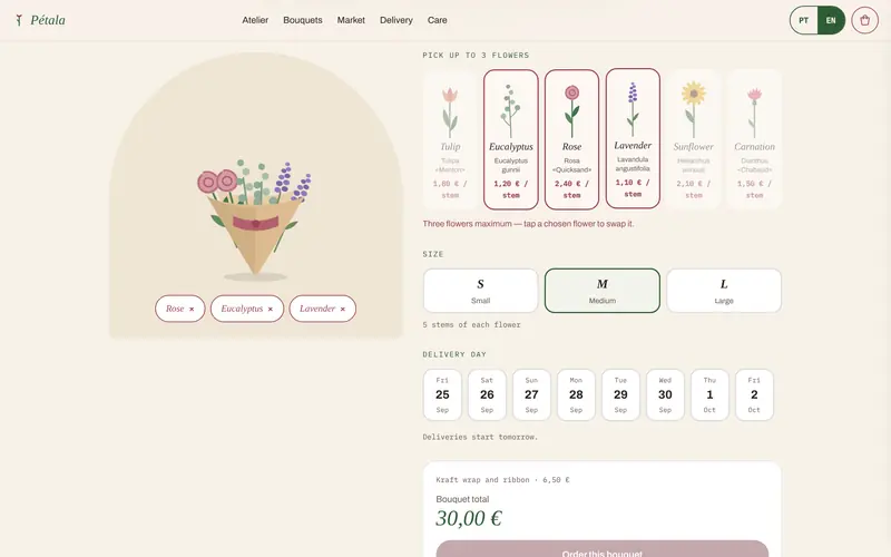 Composing a bouquet: up to three flowers, the drawing growing.