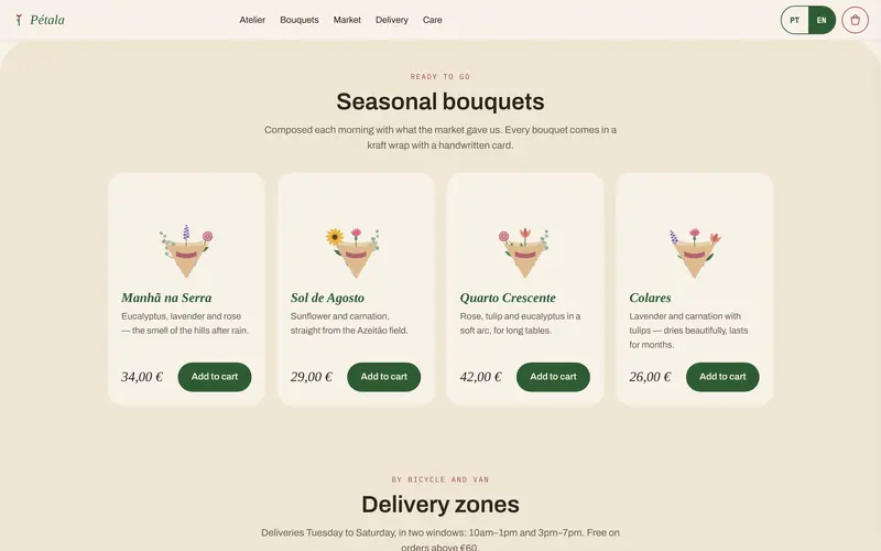 Ready bouquets: a set price and add to cart.