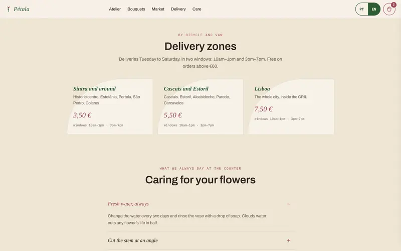 Delivery zones, with fees and time windows.