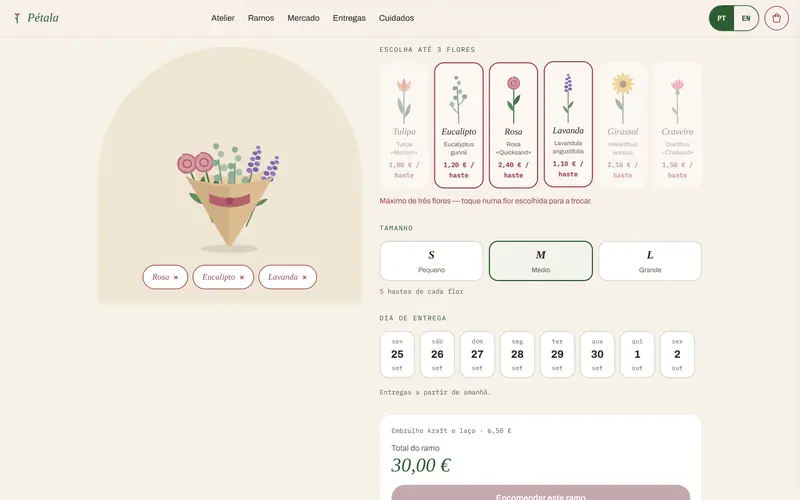 Compor um ramo: até três flores, com o desenho a crescer.