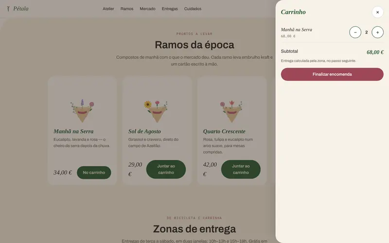 O carrinho, com quantidades e subtotal.