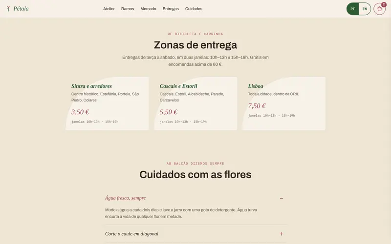 Zonas de entrega, com preço e janelas horárias.