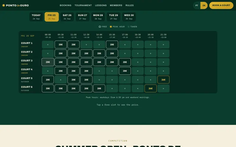 The day’s grid: every 90-minute slot with the court price.