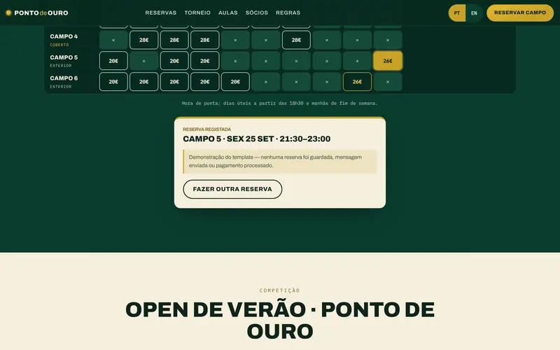 A confirmação da reserva, com campo e hora.