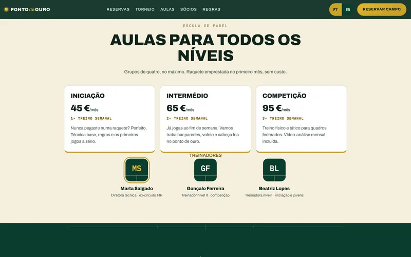 Aulas por nível, com preço mensal, e os treinadores.