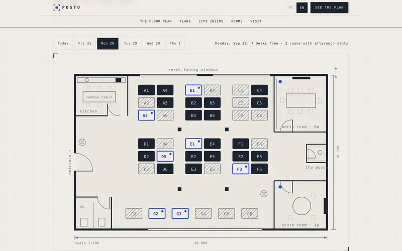The interactive plan: 42 desks and two rooms, by day.