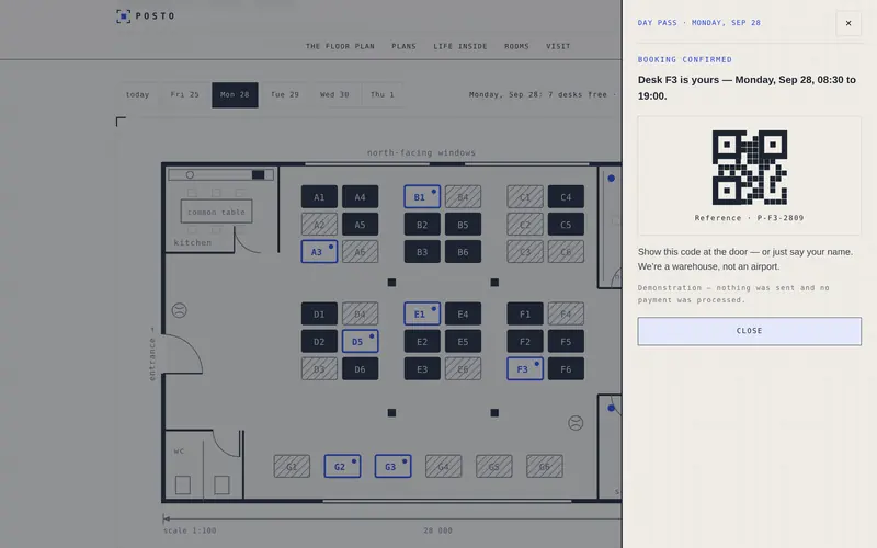 …and the booking confirmed, with a reference and entry code.