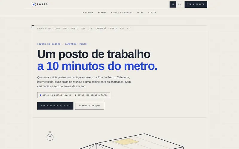 Página inicial: o espaço, os lugares livres hoje e a planta.