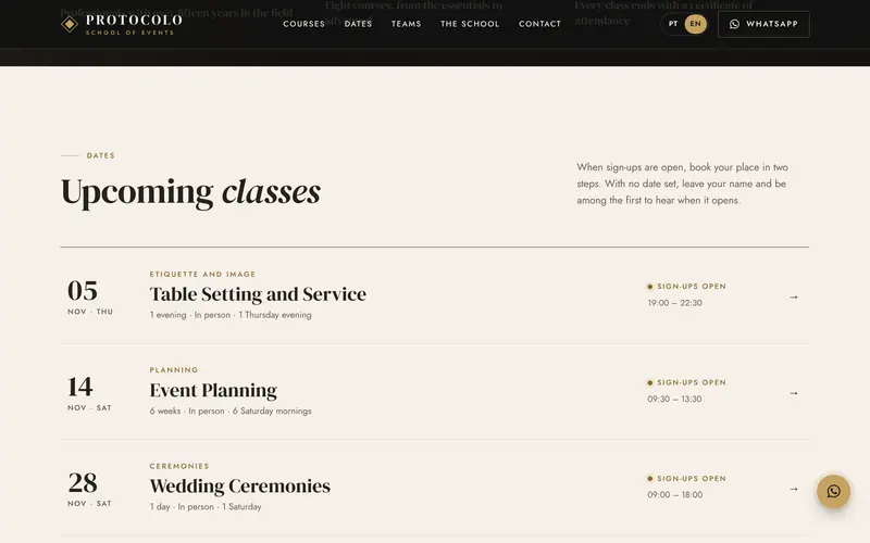 Upcoming classes: open, by appointment or on an interest list.