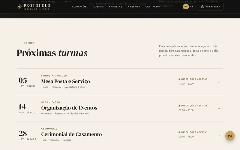 Próximas turmas, abertas, por marcação ou em lista de interesse.