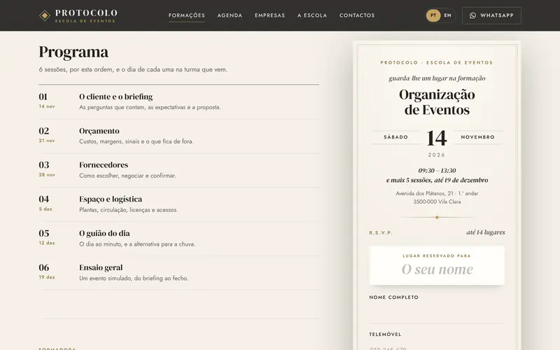 O programa, sessão a sessão, com as datas da próxima turma.