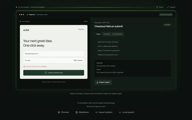 The interactive sample: a checkout error and its report alongside.