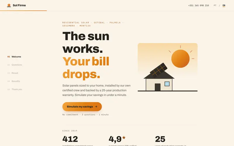 Home: the offer, the proof points and the start of the simulation.