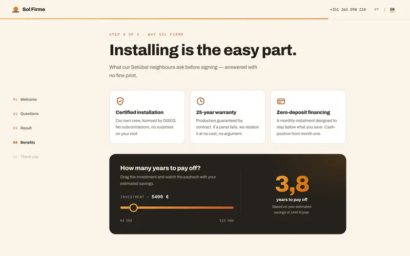 The benefits: installation, warranty and financing, in three cards.