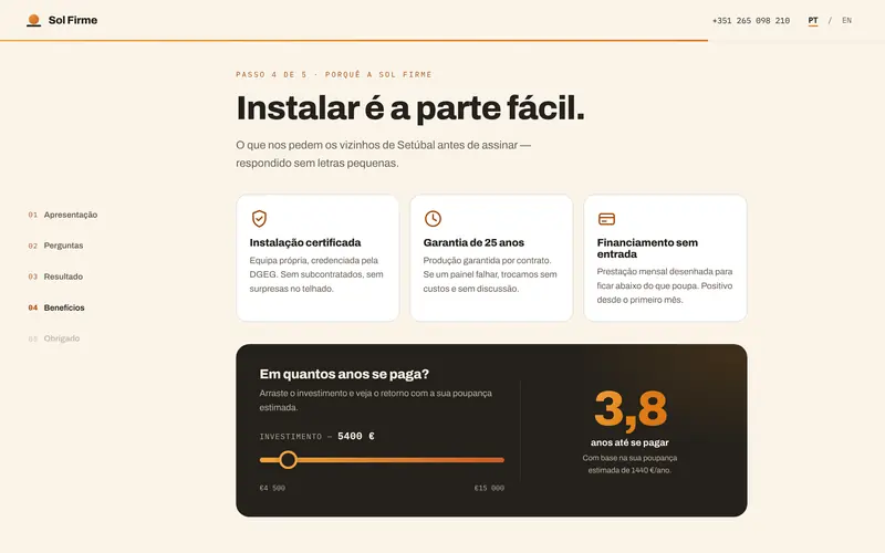 Os benefícios: instalação, garantia e financiamento, em três cartões.