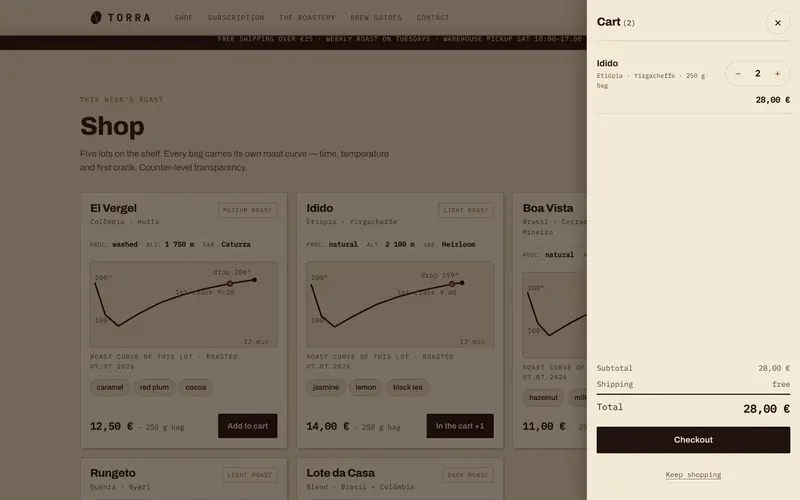 The cart: quantities, free shipping from €25 and the total.