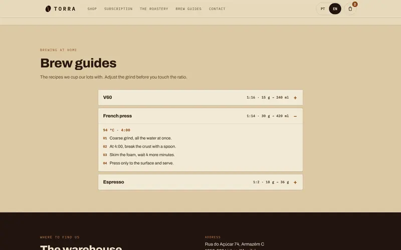 Brew guides, with dose, ratio, temperature and steps.