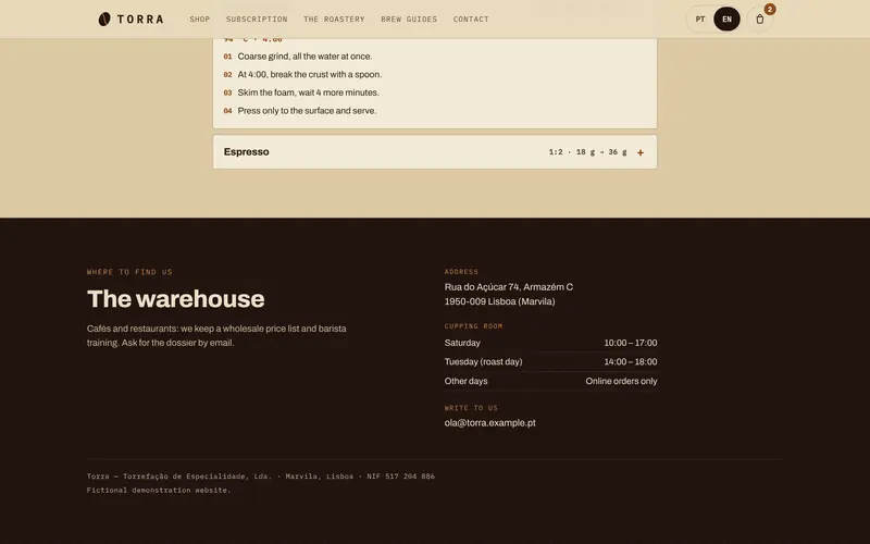 Address, opening hours and contact, with the footer.