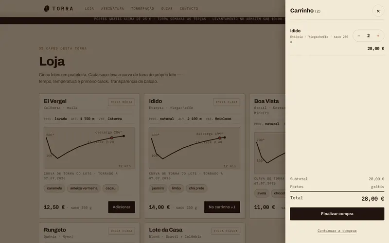 O carrinho: quantidades, portes grátis a partir de 25 € e total.