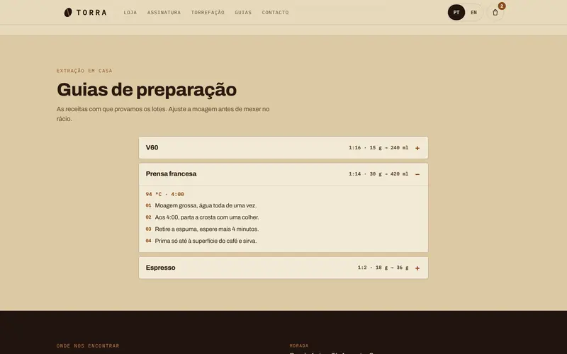 Guias de preparação, com dose, rácio, temperatura e passos.