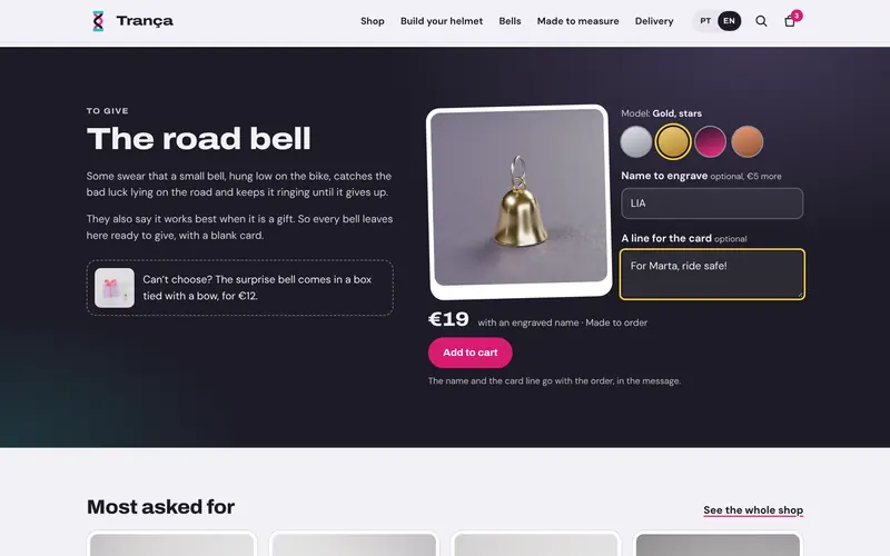 The bell with its engraved name and card, the price following along.