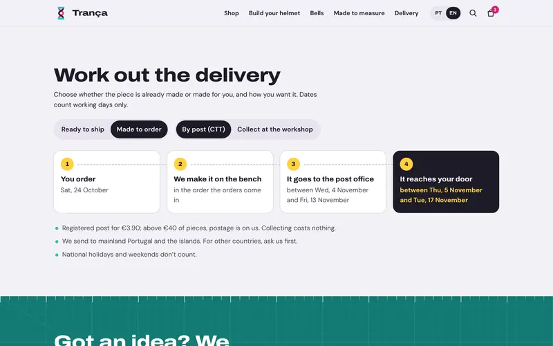 Delivery step by step: made to order and sent by post.