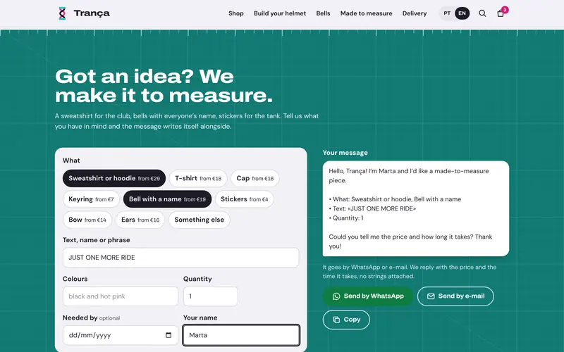 The made-to-measure request, ready to go by WhatsApp or e-mail.