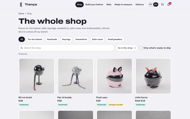 The shop: sections, search, sorting and what is ready to ship.