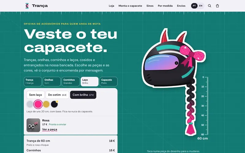 O capacete vestido, com cada peça, o total e o que se faz por encomenda.