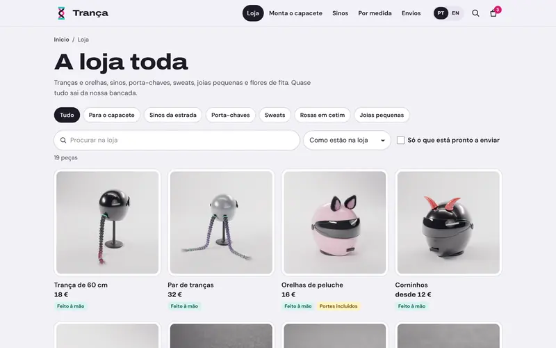 A loja: secções, pesquisa, ordenação e o que está pronto a enviar.
