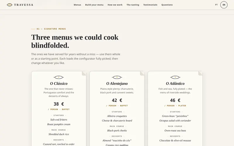 Signature menus: dishes by course and price per person.