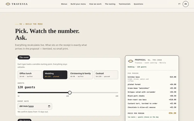 The builder: event, guests, format and the estimate alongside.