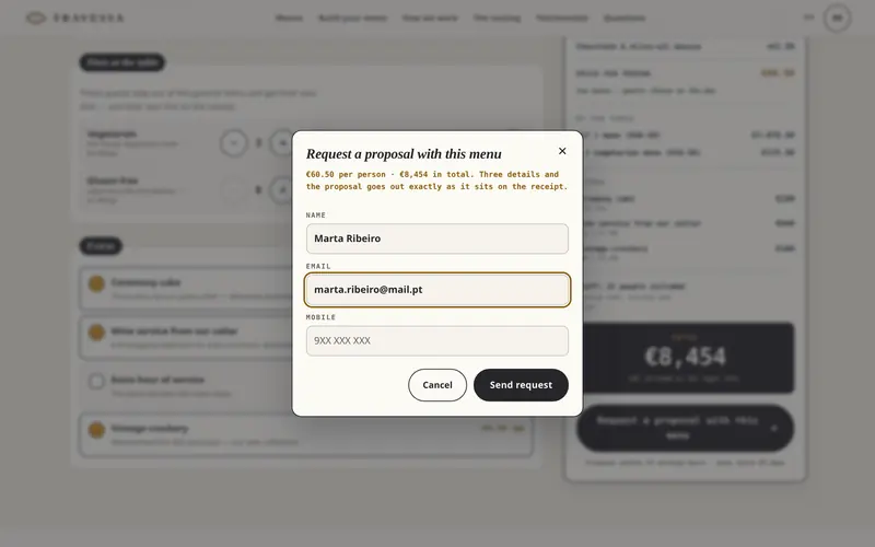 The proposal request, with the price per person and total.