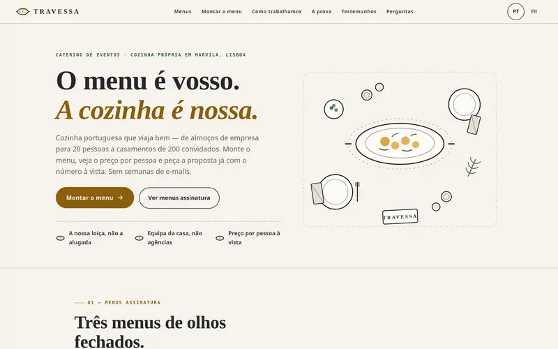 Página inicial: a cozinha, a proposta e os dois atalhos.