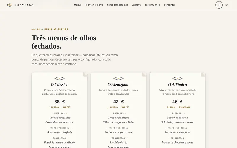 Menus de assinatura: pratos por curso e preço por pessoa.