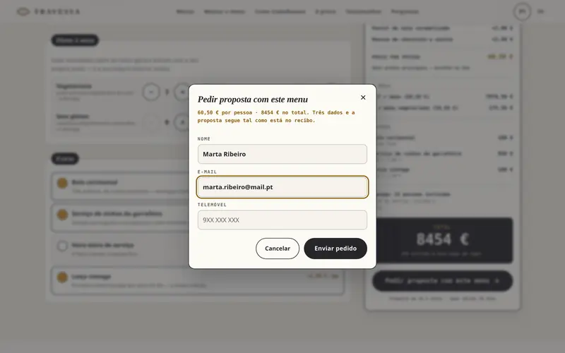 O pedido de proposta, com o preço por pessoa e o total.