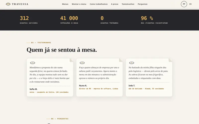Números da casa e testemunhos de clientes.