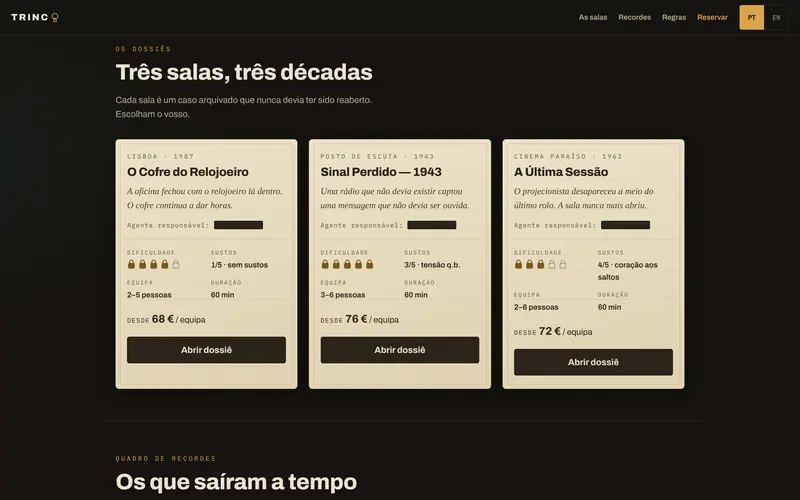 As salas: dificuldade, medo, equipa, duração e preço.